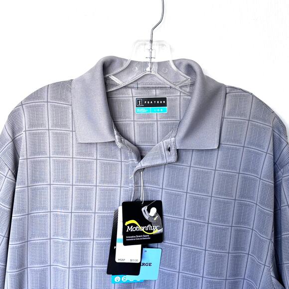 PGA Tour Men's NWT Large Gray Windowpane Plaid Golf Polo Shirt Motion Flex - Picture 5 of 8